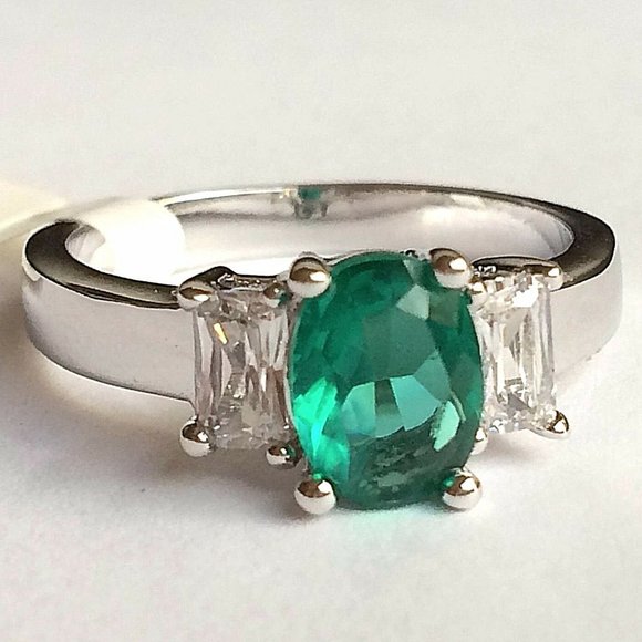 Silver Emerald Cocktail Ring Size 10 Green Cubic Zirconia Simulated Plated - Picture 4 of 11